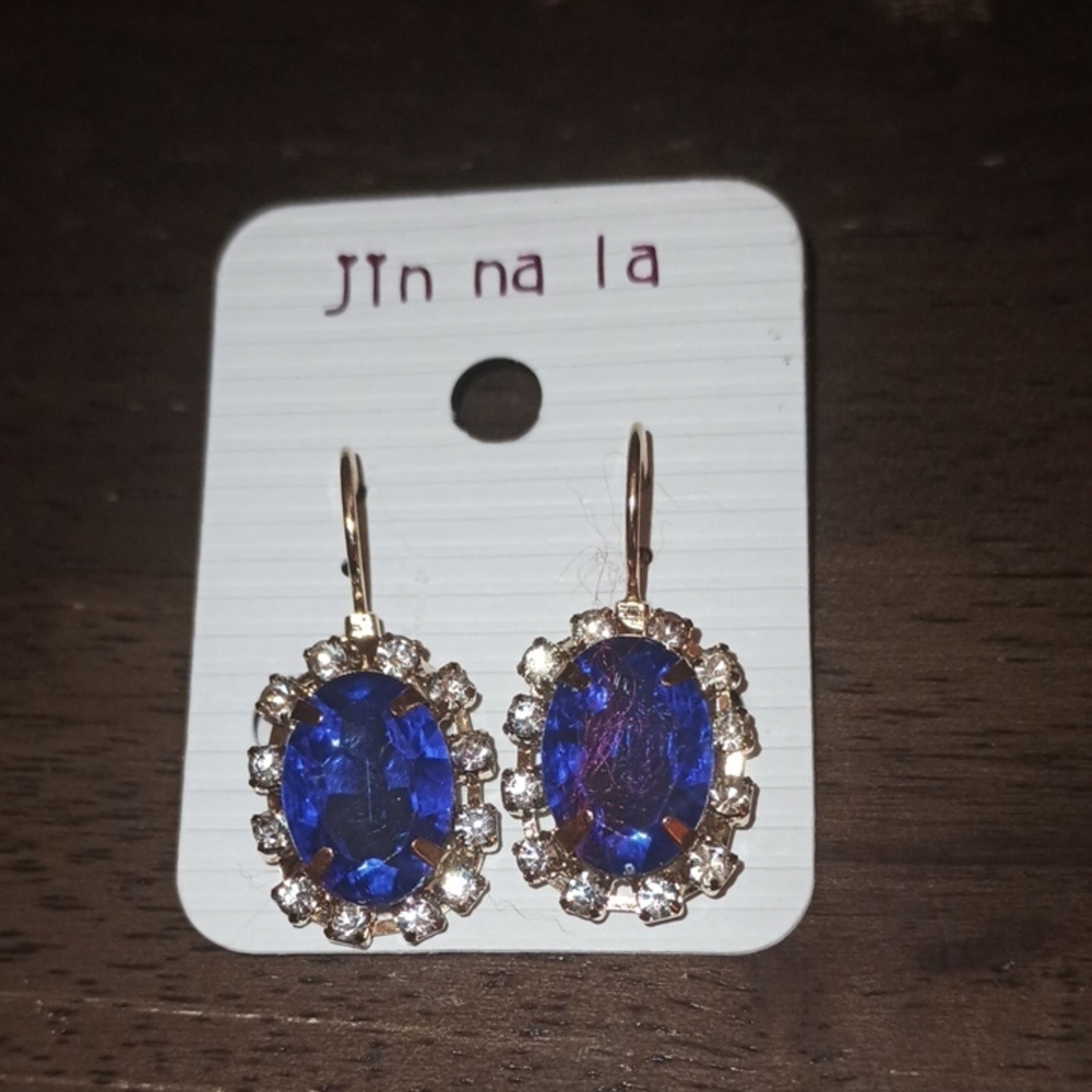 Blue & Clear Crystal Gold Tone Leverback Earrings (New)